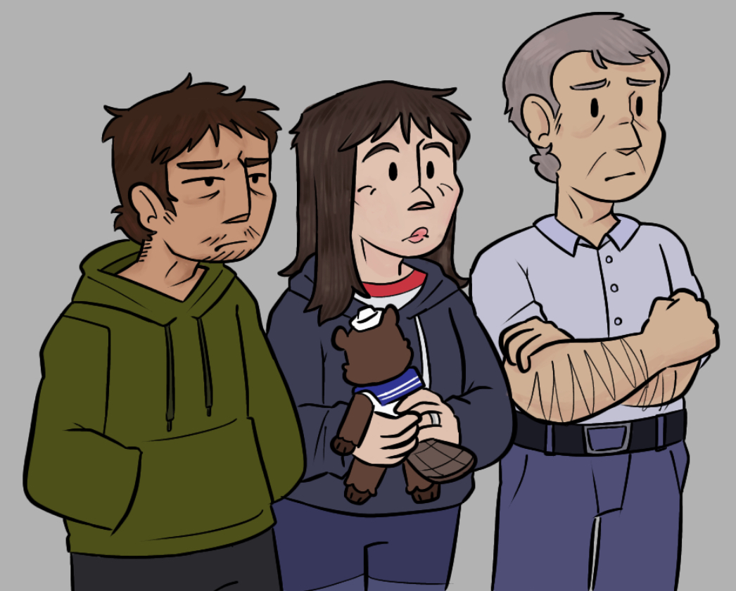 A drawing of three people